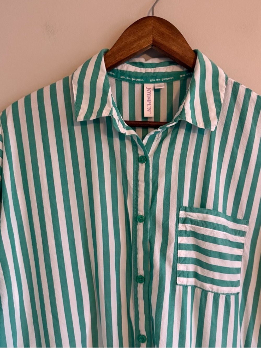 Striped Green & White Button-Down Shirt - Relaxed Fit - Picture 4 of 8
